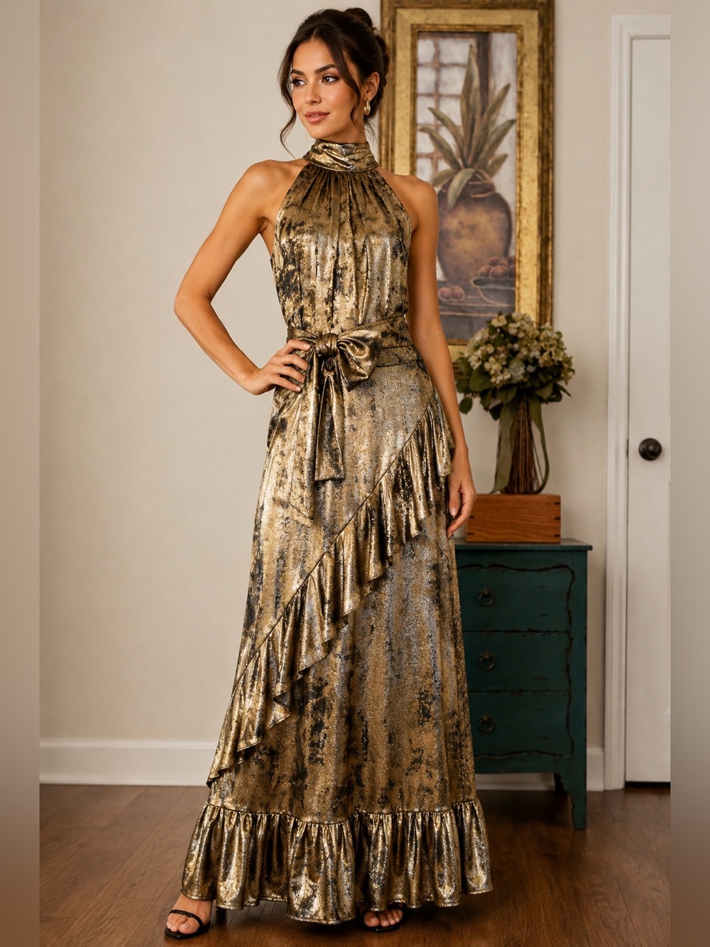 Alex Marie Tiffany Metallic Gold Ruffle Mermaid Halter Gown Dress Size 6